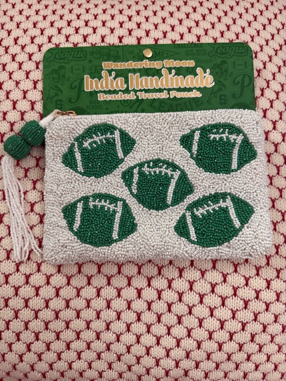 Wandering Moon India Handmade White Beaded Mini Pouch with Green Football Design